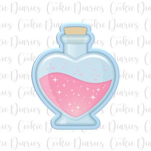 May include: A light blue cookie cutter shaped like a heart-shaped potion bottle. The bottle contains pink liquid with sparkling stars and bubbles. The top of the bottle has a cork.