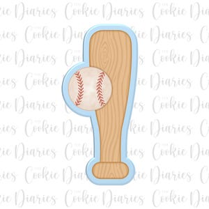 May include: A light blue cookie cutter shaped like a baseball bat and a baseball. The bat has a tan wood grain texture, and the baseball is white with red stitching. The design is outlined in a light blue plastic frame with a flat base.