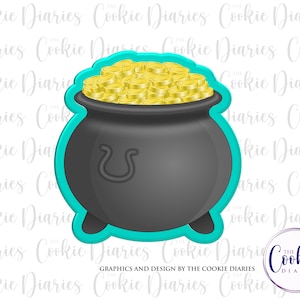 May include: A black cauldron cookie cutter with a turquoise outline, filled with gold coins. The cutter is designed for baking and decorating cookies.