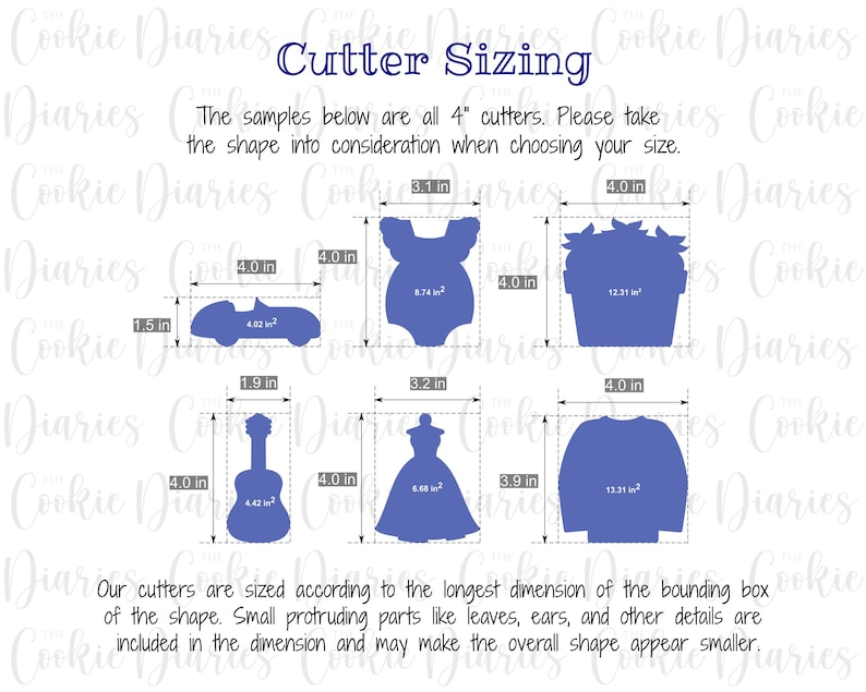 May include: A chart showing the size of different cookie cutters. The cutters are all 4 inches in size and include shapes like a car, a baby onesie, a flower pot, a dress, a guitar, and a sweater. The chart includes the dimensions of each cutter in inches.