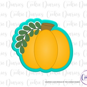 May include: A teal blue cookie cutter shaped like a pumpkin with a leafy stem. The pumpkin is yellow and has a brown stem.