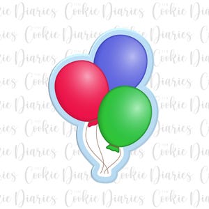 May include: A cookie cutter shaped like three balloons tied together. The balloons are red, blue, and green.