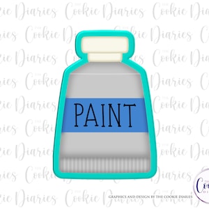 May include: A turquoise blue cookie cutter shaped like a paint tube with a white lid and a blue stripe across the middle. The word "PAINT" is printed in black letters on the blue stripe.