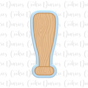 May include: A light blue cookie cutter shaped like a baseball bat with a tan wood grain pattern on the interior surface. The design features a long handle and a rounded end, mimicking the appearance of a classic wooden sports bat.