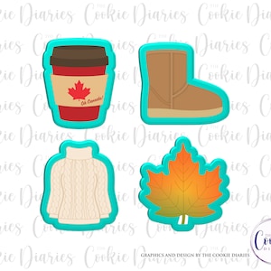 May include: Four cookie cutters in the shape of fall-themed items. Includes a coffee cup with "Oh Canada!" text and a maple leaf, a brown boot, a cable knit sweater, and a fall leaf. The cutters have a teal outline.