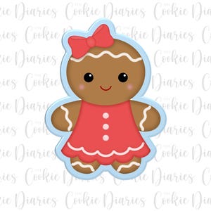 May include: A gingerbread girl cookie cutter with a light blue outline. The gingerbread girl has a red bow, a red dress with three white buttons, and white icing details. The cookie cutter is designed to create a festive treat.