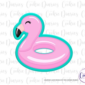 May include: A pink flamingo pool float cookie cutter with a turquoise outline. The cookie cutter is shaped like a flamingo with its head bent back and its neck forming a ring.