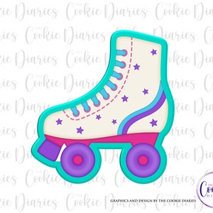 Peut inclure: Un emporte-pièce bleu turquoise en forme de patin à roulettes blanc avec des roues violettes et des accents roses. Le patin a des rayures bleues et violettes et des étoiles blanches.