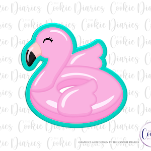 May include: A pink inflatable flamingo pool float cookie cutter with a turquoise outline. The cookie cutter is shaped like a flamingo with its head turned to the side and its wings spread out.