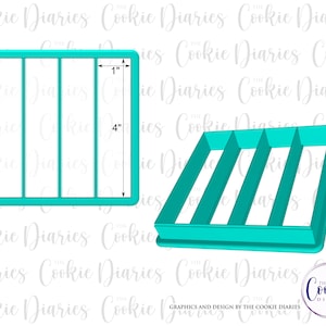 May include: A turquoise blue plastic cookie cutter with four rectangular sections. The cutter measures 10 cm long and 2.5 cm wide.