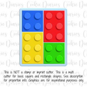 May include: A cookie cutter shaped like a set of colorful toy building blocks. The cutter is made of metal and has a blue, red, yellow, and green design.