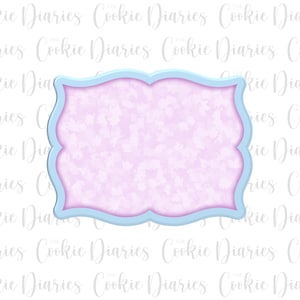 May include: A cookie cutter shaped like a decorative rectangle with a scalloped edge. The frame is light blue, with a pink interior. The text "Cookie Diaries" is in the background.