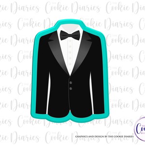 May include: A turquoise blue cookie cutter shaped like a tuxedo jacket with a black bow tie. The cookie cutter is designed for making cookies.