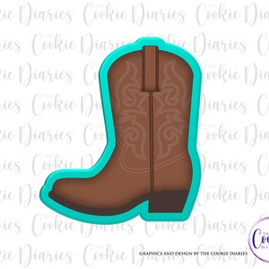 Peut inclure: Un emporte-pièce en forme de botte de cowboy marron avec un motif décoratif, de couleur bleu turquoise.