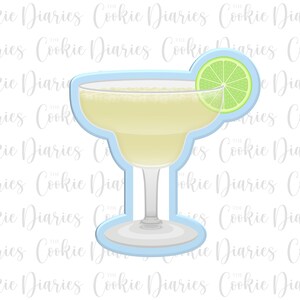 May include: A blue cookie cutter shaped like a margarita glass with a lime wedge. The cookie cutter is on a white background with the text "Cookie Diaries" repeated.