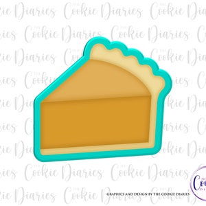 May include: A turquoise blue cookie cutter shaped like a slice of pie with a wavy crust and a golden yellow filling.