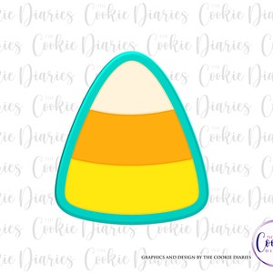 May include: A teal blue cookie cutter shaped like a candy corn. The candy corn has a white top, an orange middle, and a yellow bottom.