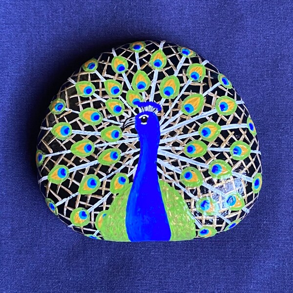 Peacock Painted Rock, Bird Painted Stone, Peacocks Home Decor and Gifts