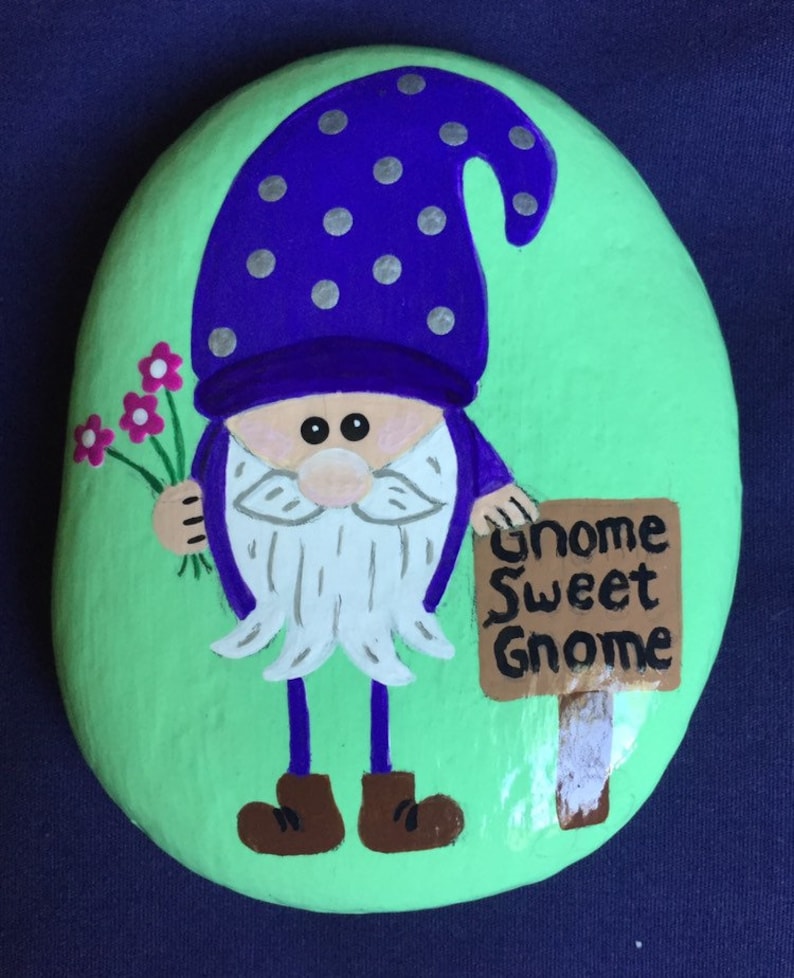 Gift Paperweight Garden Gnome Sweet Gnome Home Decor Garden Gnome Painted Stone Purple Porch Gnome Painted Rock Patio