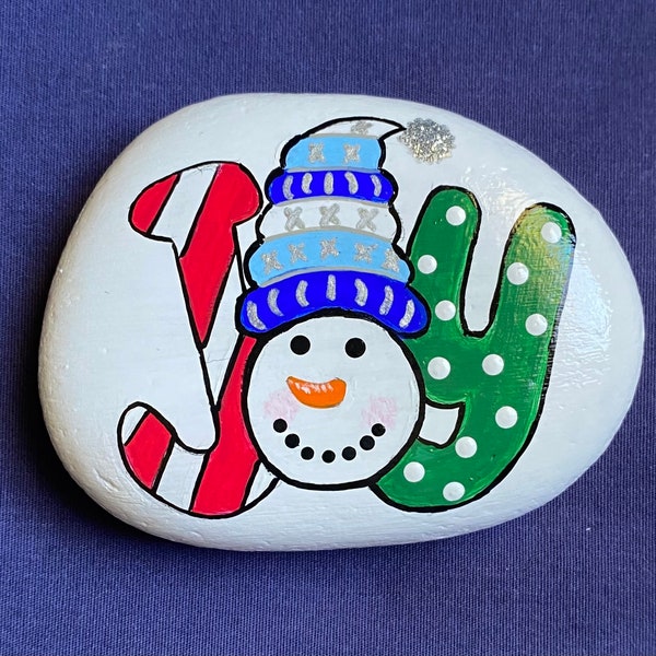 Snowman Painted Rock, Joy Painted Stone, Winter,  Christmas, Garden, Porch, Patio,  Paperweights,  Home Decor,  Gifts