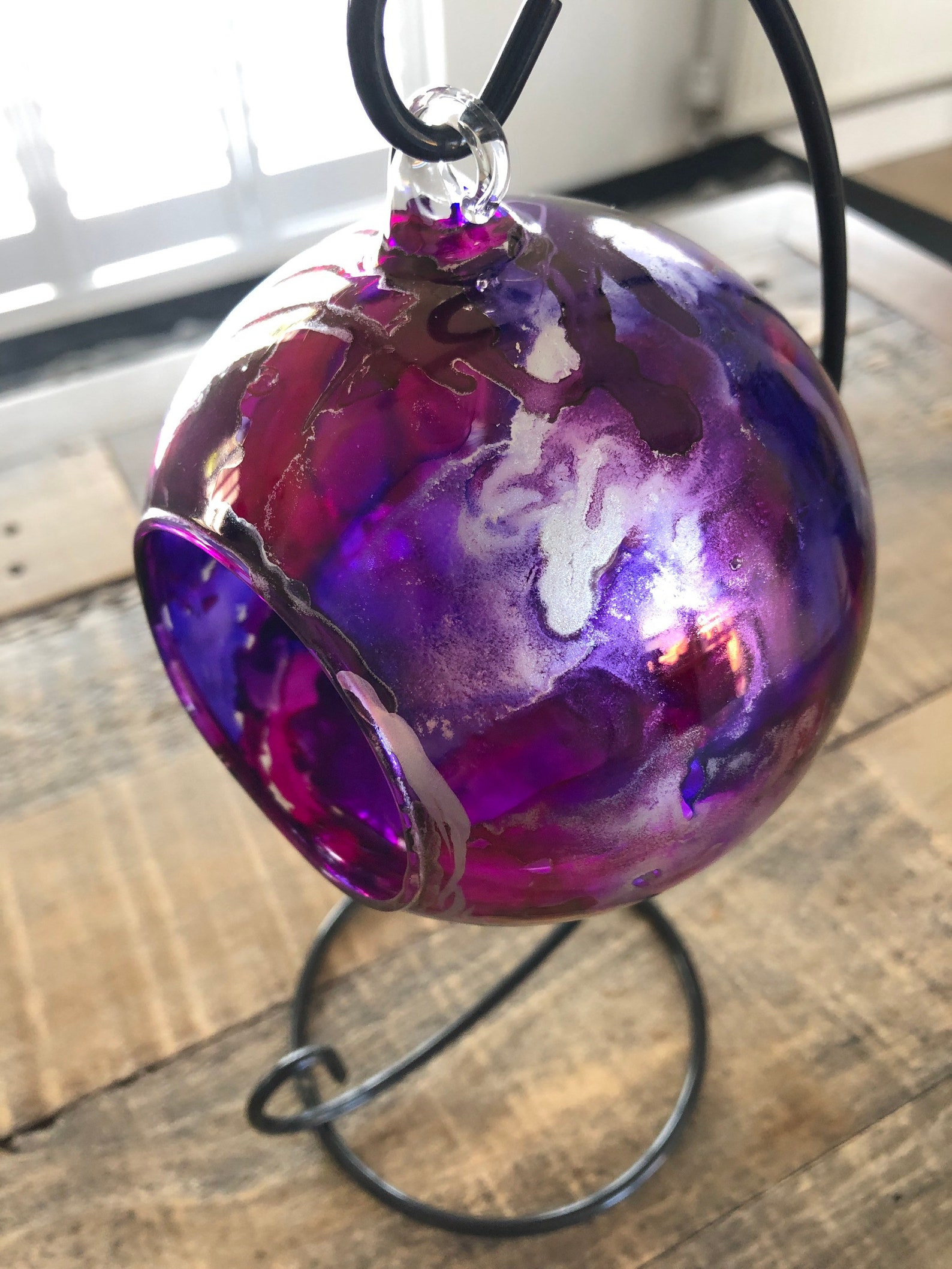 Hand painted candle holder hanging glass baubles. Purple and Etsy