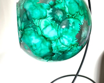 Hand painted, candle holder, hanging glass baubles. Emerald green. Candle holder on a stand. Glass lantern. Christmas gift. Christmas bauble