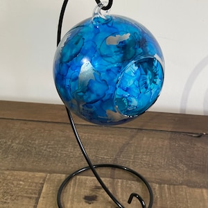 Hand painted, candle holder, hanging lantern. Blue glass candle tea light holder on a stand. Unique gift