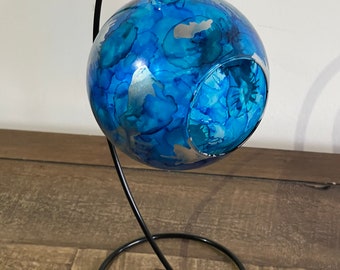 Hand painted, candle holder, hanging lantern. Blue glass candle tea light holder on a stand. Unique gift