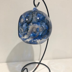 Hand painted Christmas candle holder, hanging glass baubles. Lantern. Blue lantern. Candle holder on a stand. Glass candle holder.