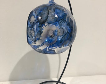 Hand painted Christmas candle holder, hanging glass baubles. Lantern. Blue lantern. Candle holder on a stand. Glass candle holder.