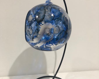 Hand painted, candle holder, hanging glass baubles. Lantern. Blue lantern. Candle holder on a stand. Glass candle holder. Mothers Day gift