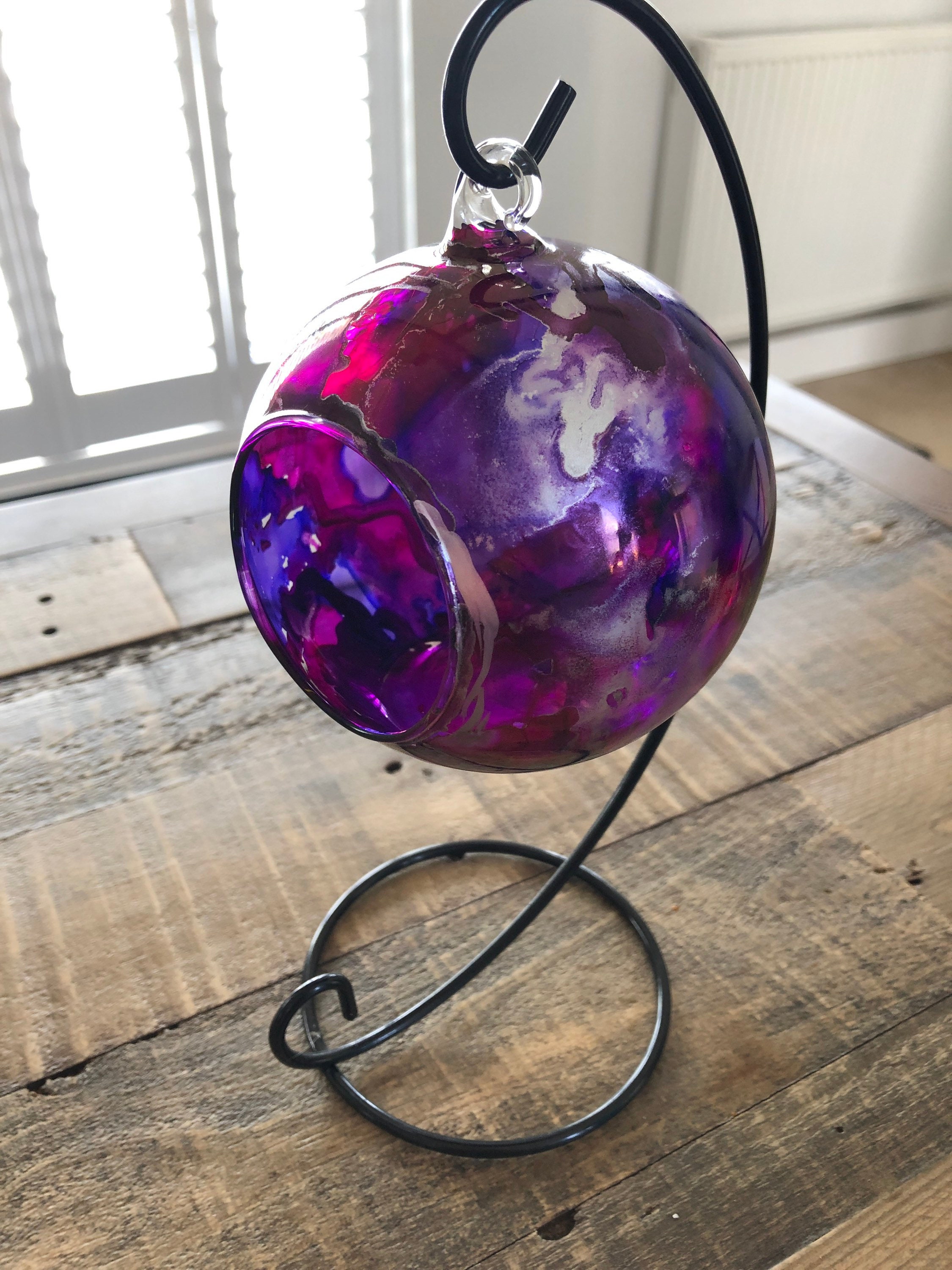 Hand painted candle holder hanging glass baubles. Purple and Etsy