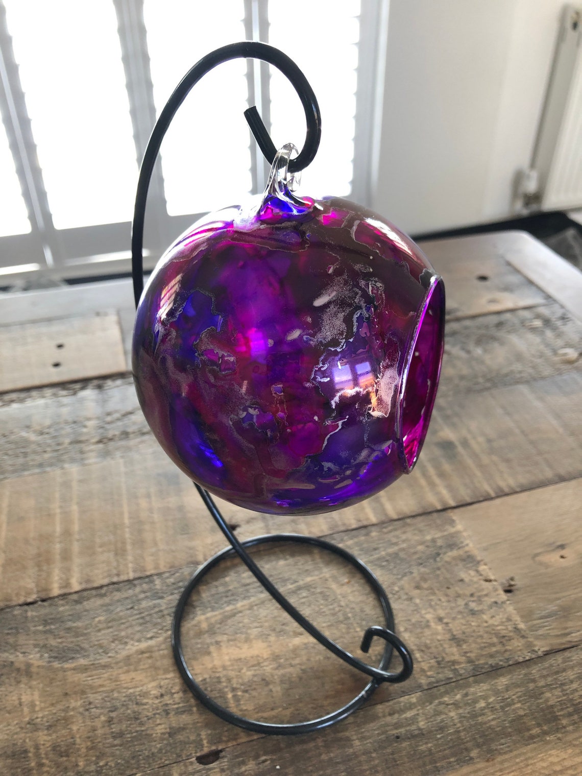 Hand painted candle holder hanging glass baubles. Purple and Etsy