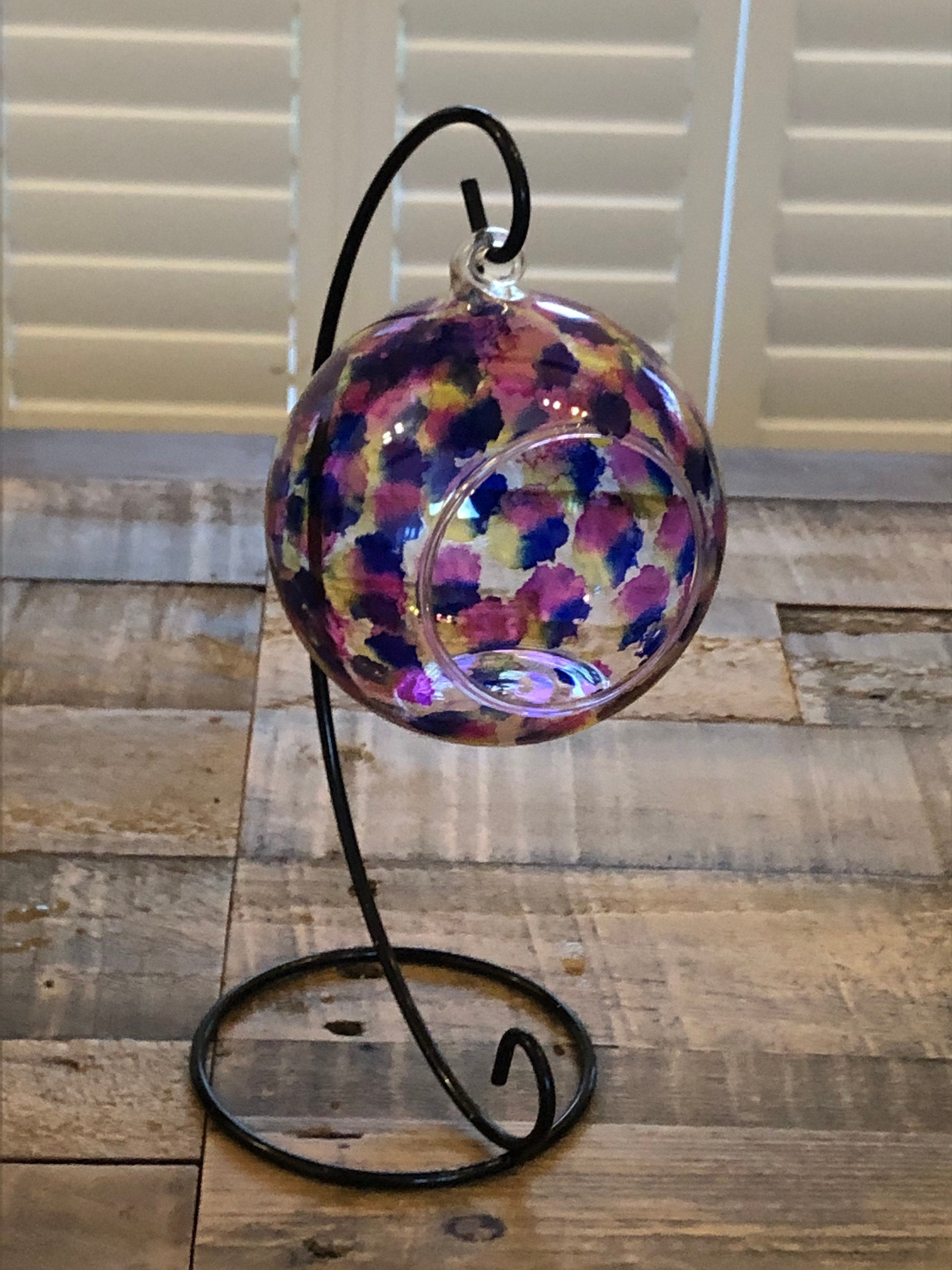 Hand painted candle holder hanging glass baubles. Colourful Etsy