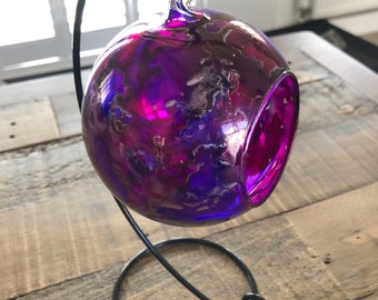 Hand painted, candle holder, hanging glass baubles. Purple and silver Candle holder on a stand. Glass candle holder. Christmas gift