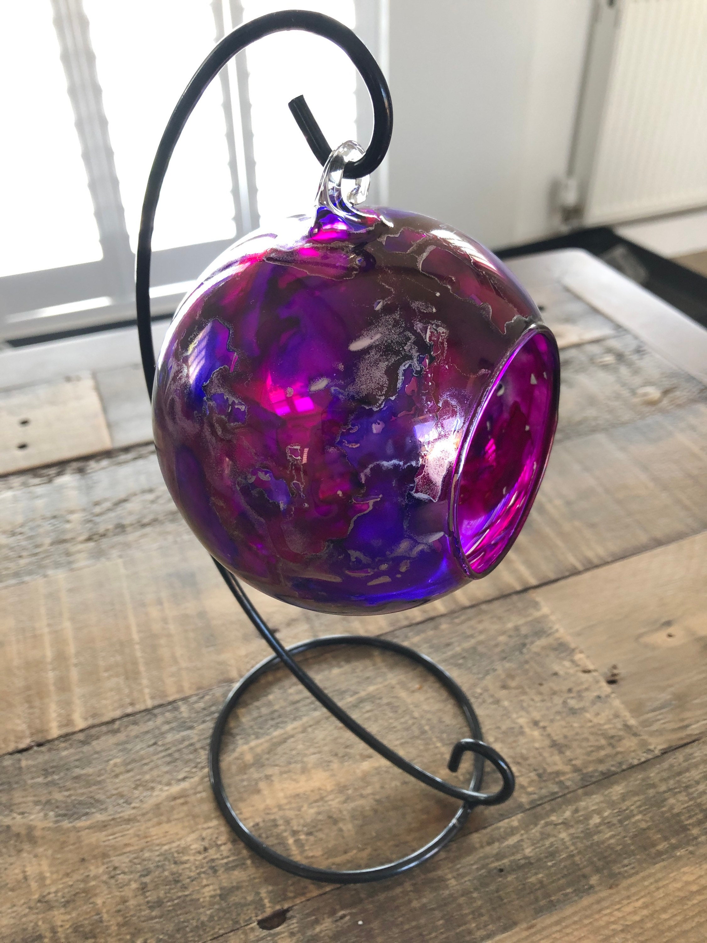 Hand painted candle holder hanging glass baubles. Purple and Etsy