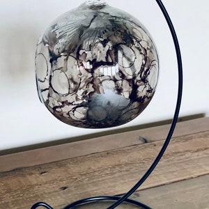 Hand painted glass candle holder.  Grey Suspended hanging glass tea light holder with stand. Grey decor tea light holder. Christmas gift.