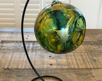 Hand painted, candle holder, hanging glass baubles. Lantern. Green lantern. Candle holder on a stand. Glass candle holder. Christmas gift