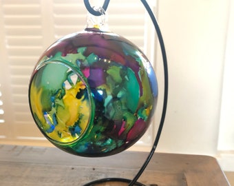 Hand painted, candle holder, hanging glass baubles. Lantern. Colourful lantern. Candle holder on a stand. Christmas gift, stocking filler.