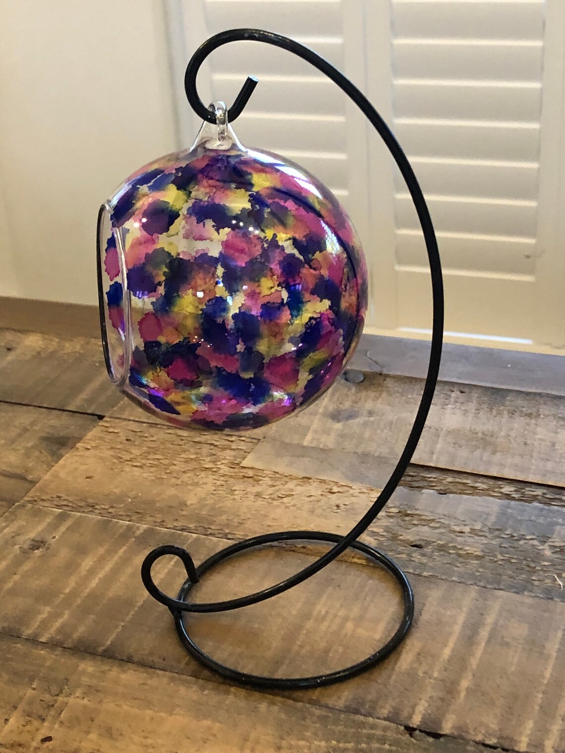 Hand painted candle holder hanging glass baubles. Colourful Etsy