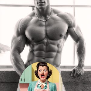 May include: A black and white photo of a muscular man with a chain necklace. A woman in a pink and white polka dot apron is visible in a circle in the center of the image.