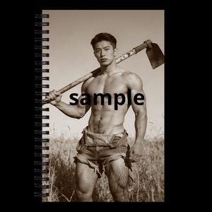 May include: A sepia-toned notebook with a spiral binding. The image features a person holding a hoe over their shoulder, wearing denim overalls. The word "sample" is printed across the person's torso.