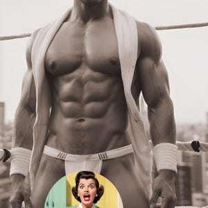 Könnte beinhalten: Ein muskulöser Mann trägt einen weißen Cardigan und weiße Unterwäsche, hinter der eine Frau in einer rosa-weißen Schürze hervorlugt.