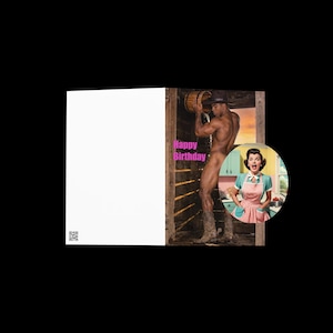 May include: A greeting card featuring a muscular person wearing a cowboy hat and boots while holding a wooden bucket, with the text Happy Birthday in pink. A circular inset shows a person in a teal shirt and pink apron with a surprised expression.