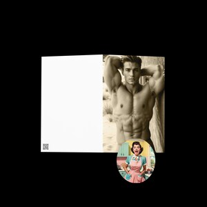 May include: A folded greeting card featuring a sepia-toned photograph of a muscular person with arms raised behind their head. A circular inset at the bottom displays a retro-style illustration of a person in a pink apron with a surprised expression.