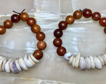 Genuine Puka Shells & Brown 12mm Sandalwood Elastic Bracelet