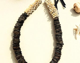 ハワイアン ククイ ナッツとカウリー ロゼット シェル レイ/ウラ