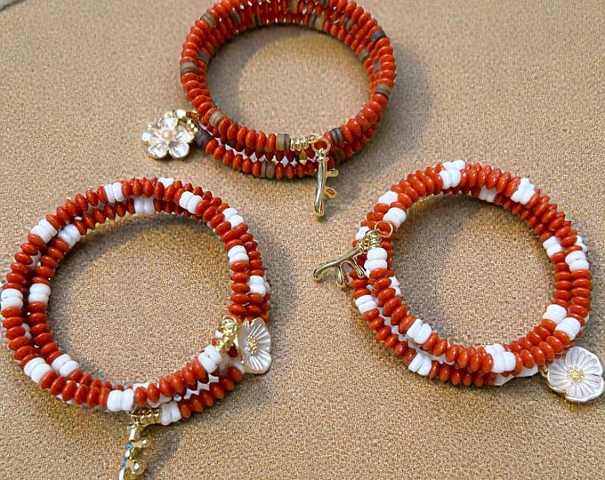 Featured listing image: Natural Coral Beads Money Shell Memory Bracelet