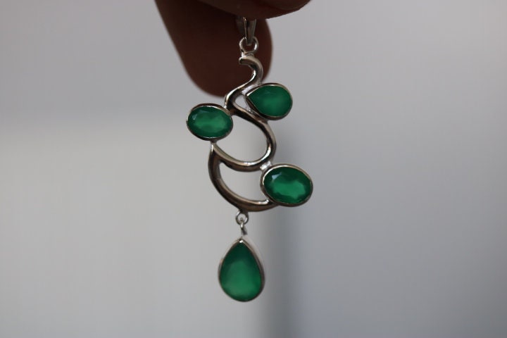 Pendentif En Argent Massif 925 Avec Pierre Calcédoine Verte - Lot B351, Occasion Très Bon état