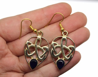 Brass Eternal Knot Earrings with Blue Zircon